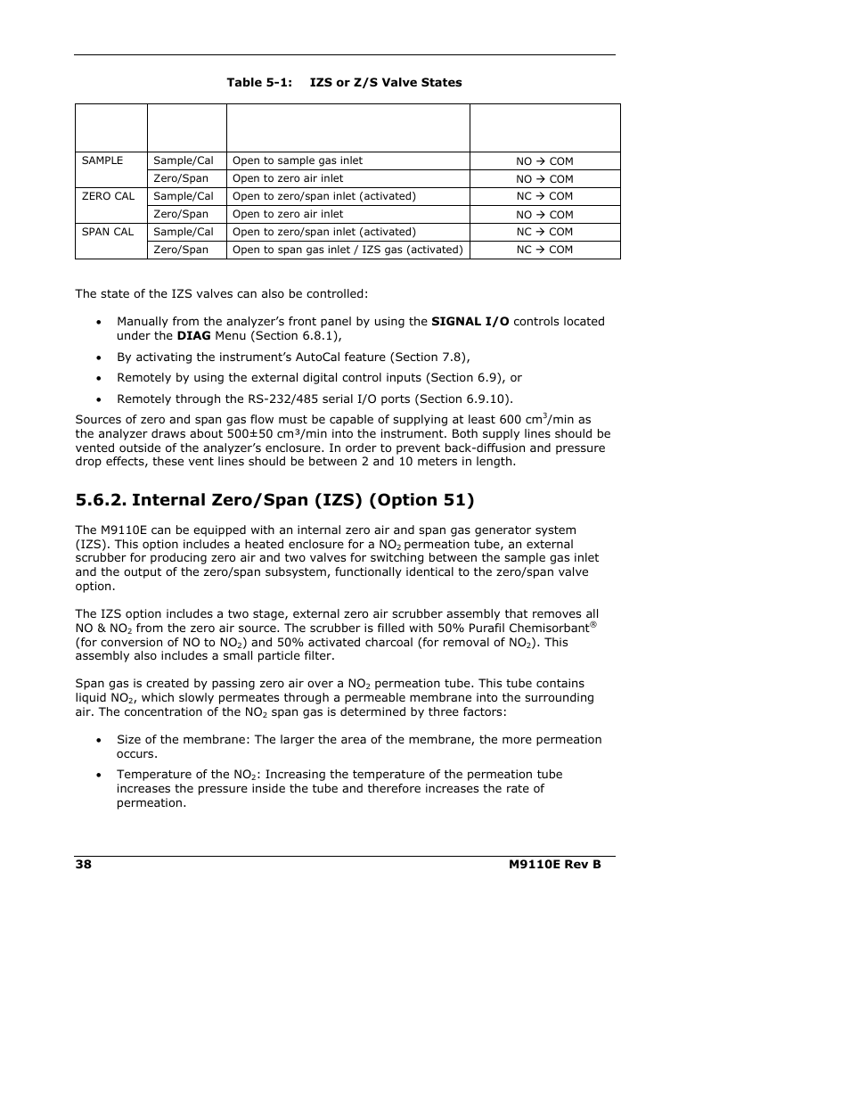 Internal zero/span (izs) (option 51) | Teledyne 9110E - Nitrogen Oxides Analyzer User Manual | Page 52 / 280