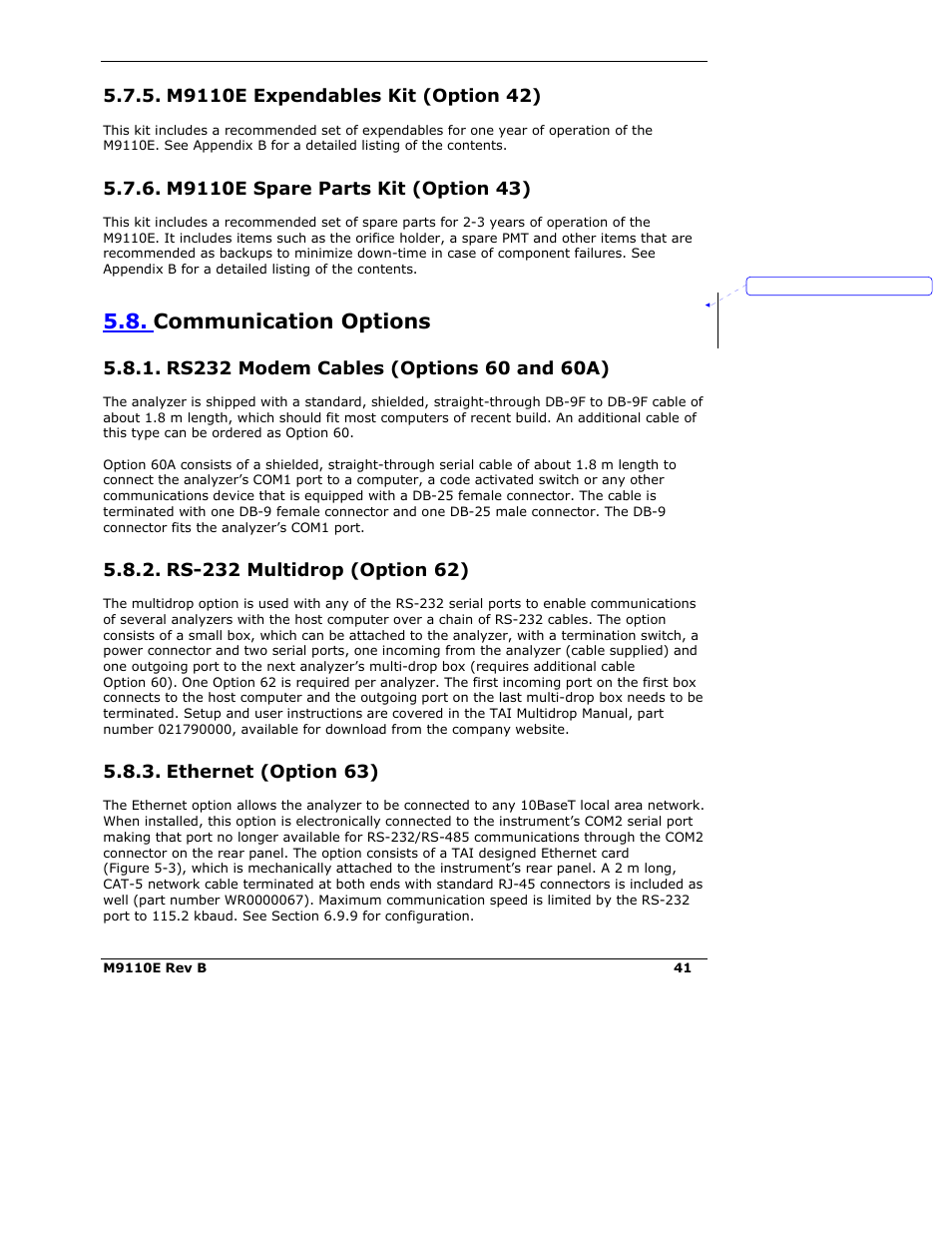 Communication options, Ethernet (option 63) | Teledyne 9110E - Nitrogen Oxides Analyzer User Manual | Page 55 / 280