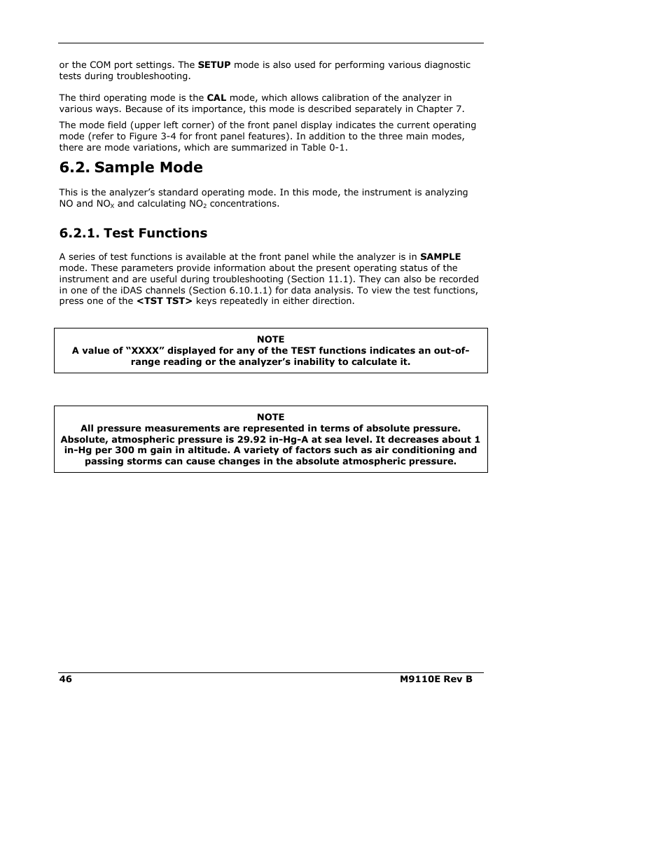 Sample mode, Test functions | Teledyne 9110E - Nitrogen Oxides Analyzer User Manual | Page 60 / 280