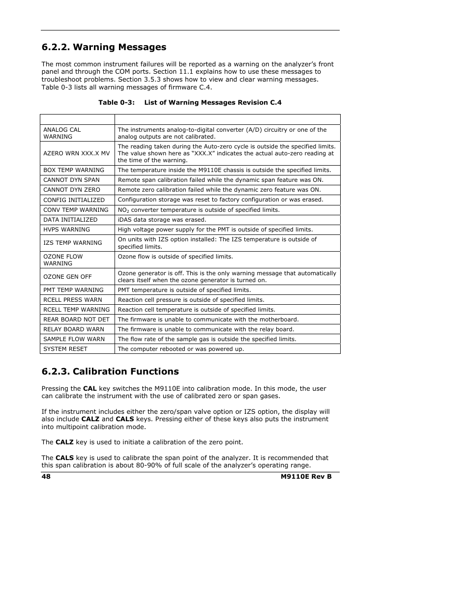 Warning messages, Calibration functions | Teledyne 9110E - Nitrogen Oxides Analyzer User Manual | Page 62 / 280