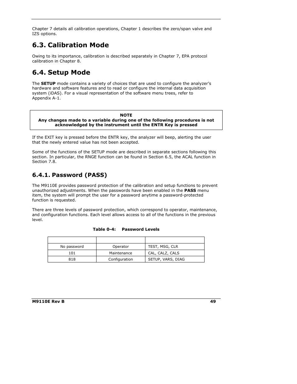 Calibration mode, Setup mode, Password (pass) | Teledyne 9110E - Nitrogen Oxides Analyzer User Manual | Page 63 / 280