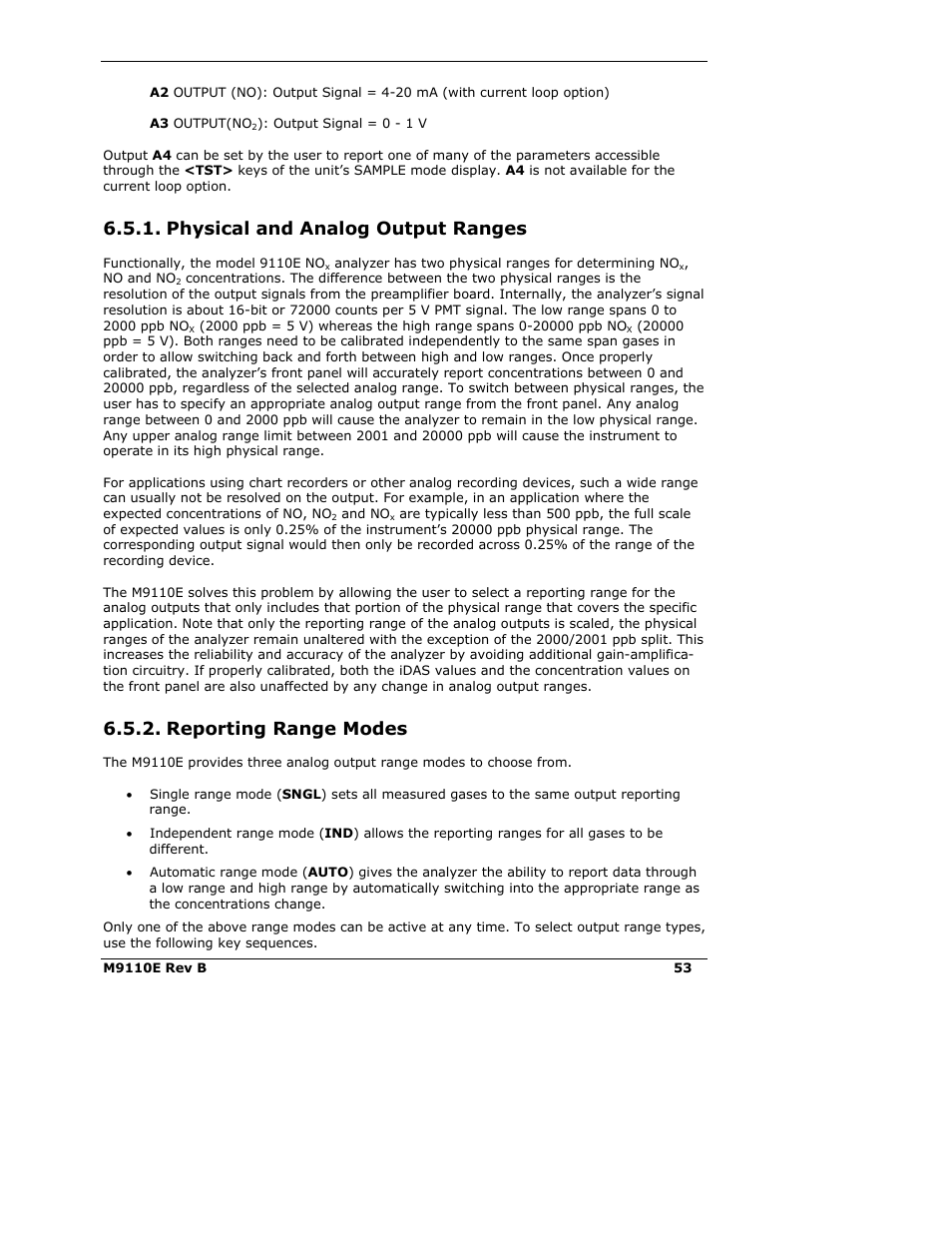 Physical and analog output ranges, Reporting range modes | Teledyne 9110E - Nitrogen Oxides Analyzer User Manual | Page 67 / 280