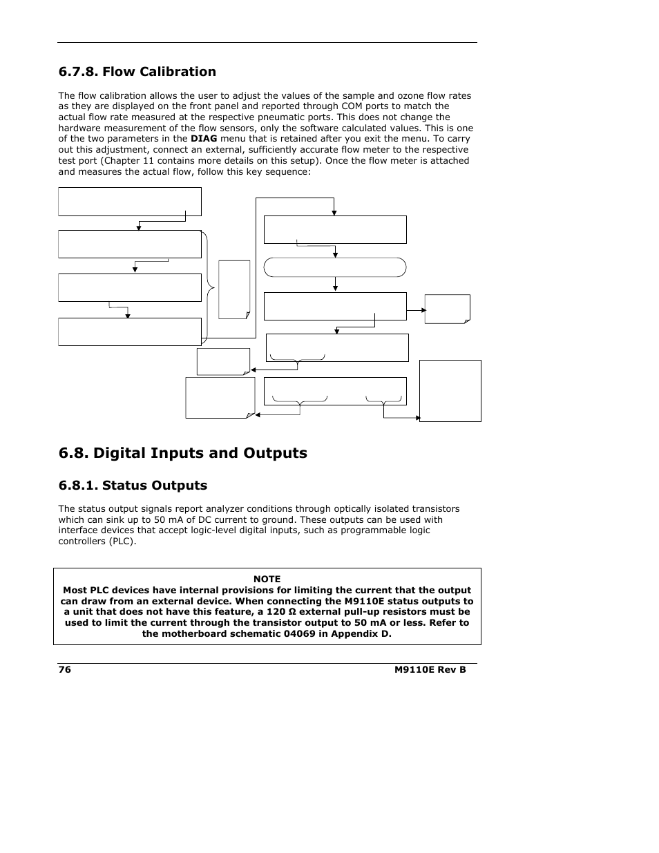 Digital inputs and outputs, Flow calibration, Status outputs | Teledyne 9110E - Nitrogen Oxides Analyzer User Manual | Page 90 / 280