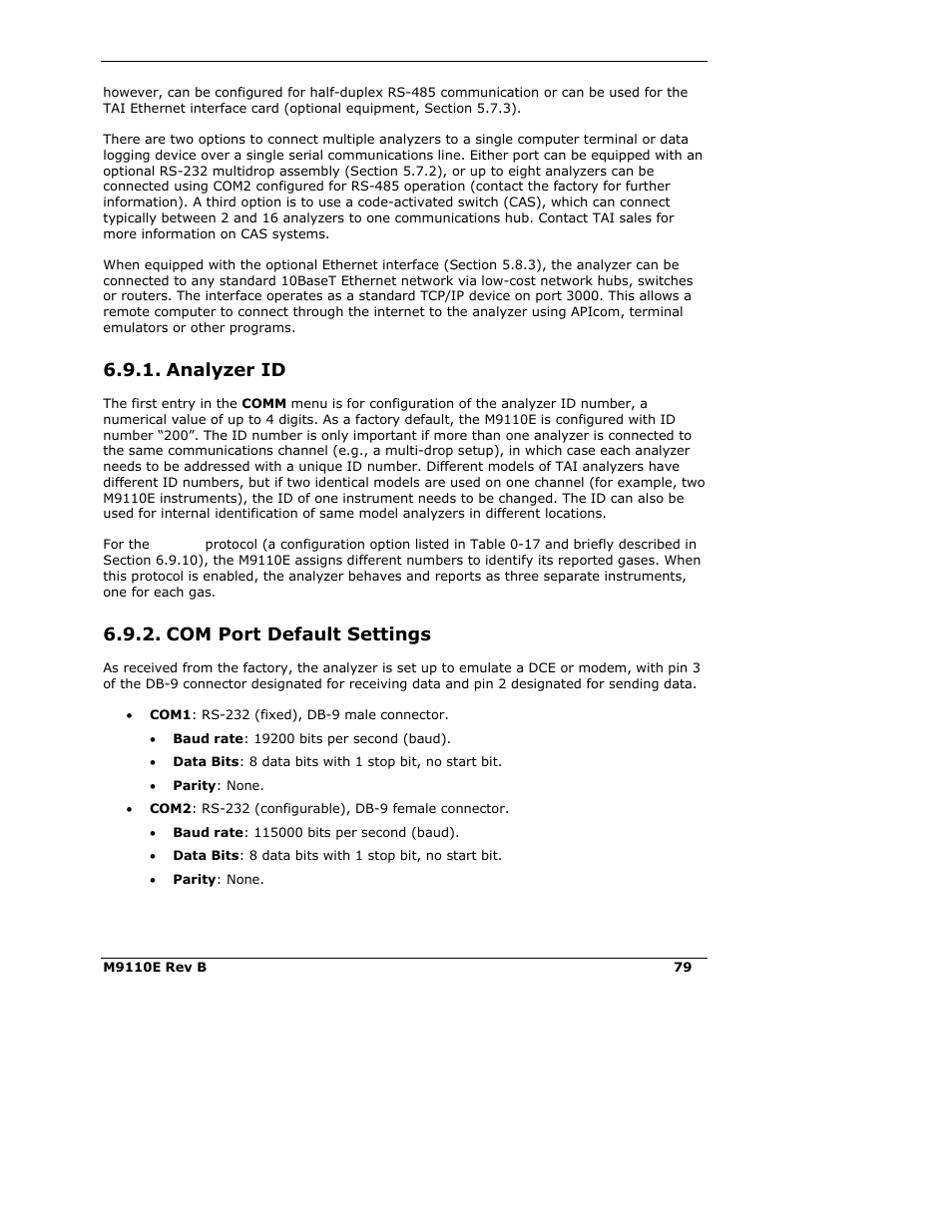 Analyzer id, Com port default settings | Teledyne 9110E - Nitrogen Oxides Analyzer User Manual | Page 93 / 280