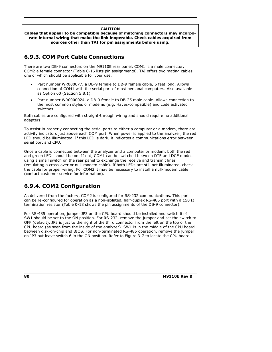 Com port cable connections, Com2 configuration | Teledyne 9110E - Nitrogen Oxides Analyzer User Manual | Page 94 / 280