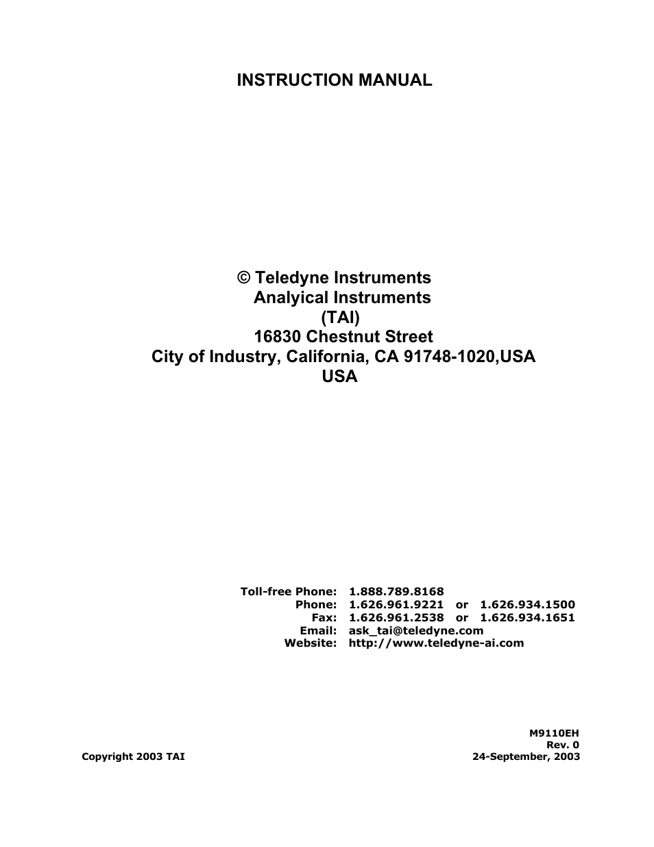 Teledyne 9110EH - Nitrogen Oxides Analyzer User Manual | 279 pages