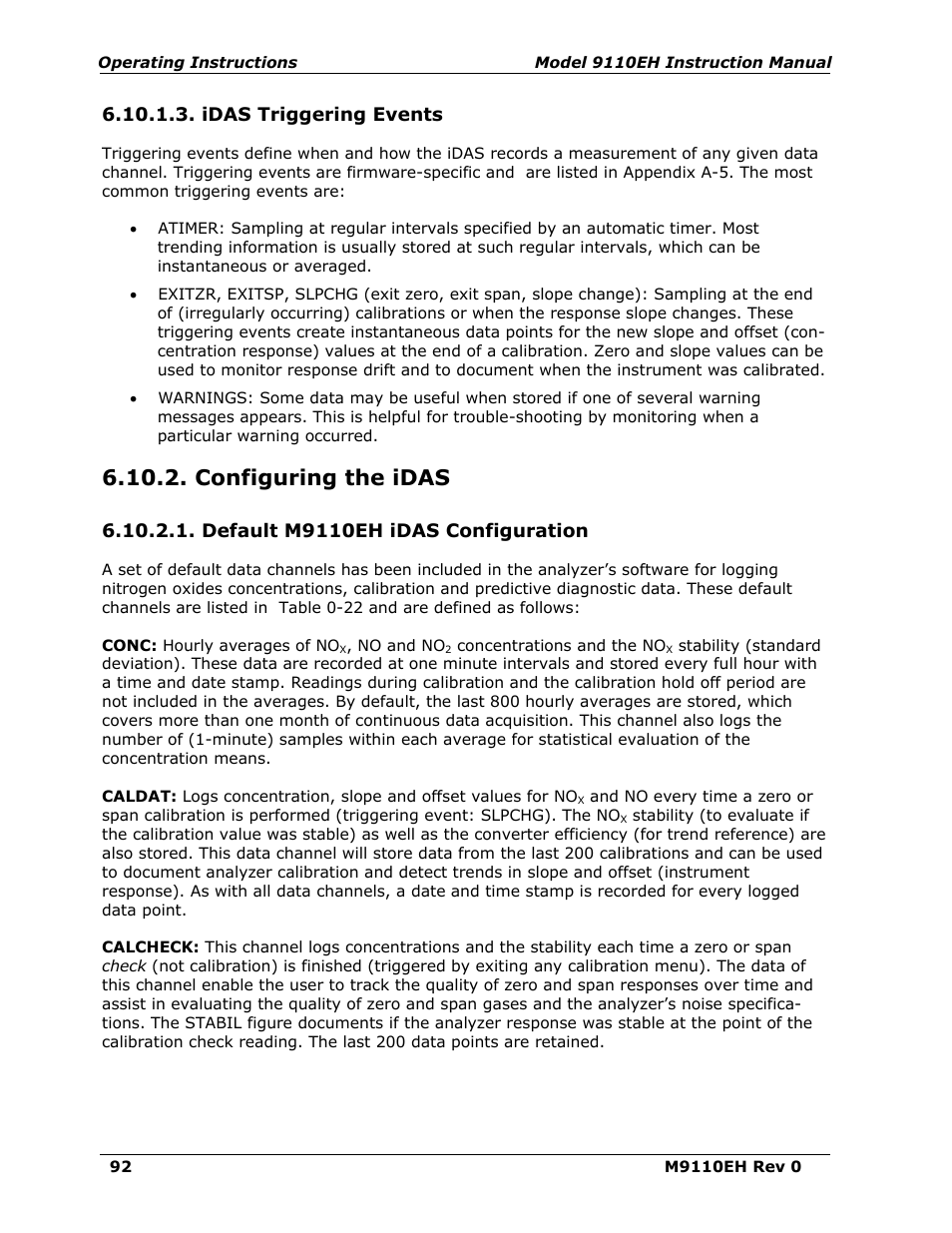 Idas triggering events, Configuring the idas, Default m200e idas configuration | Teledyne 9110EH - Nitrogen Oxides Analyzer User Manual | Page 106 / 279