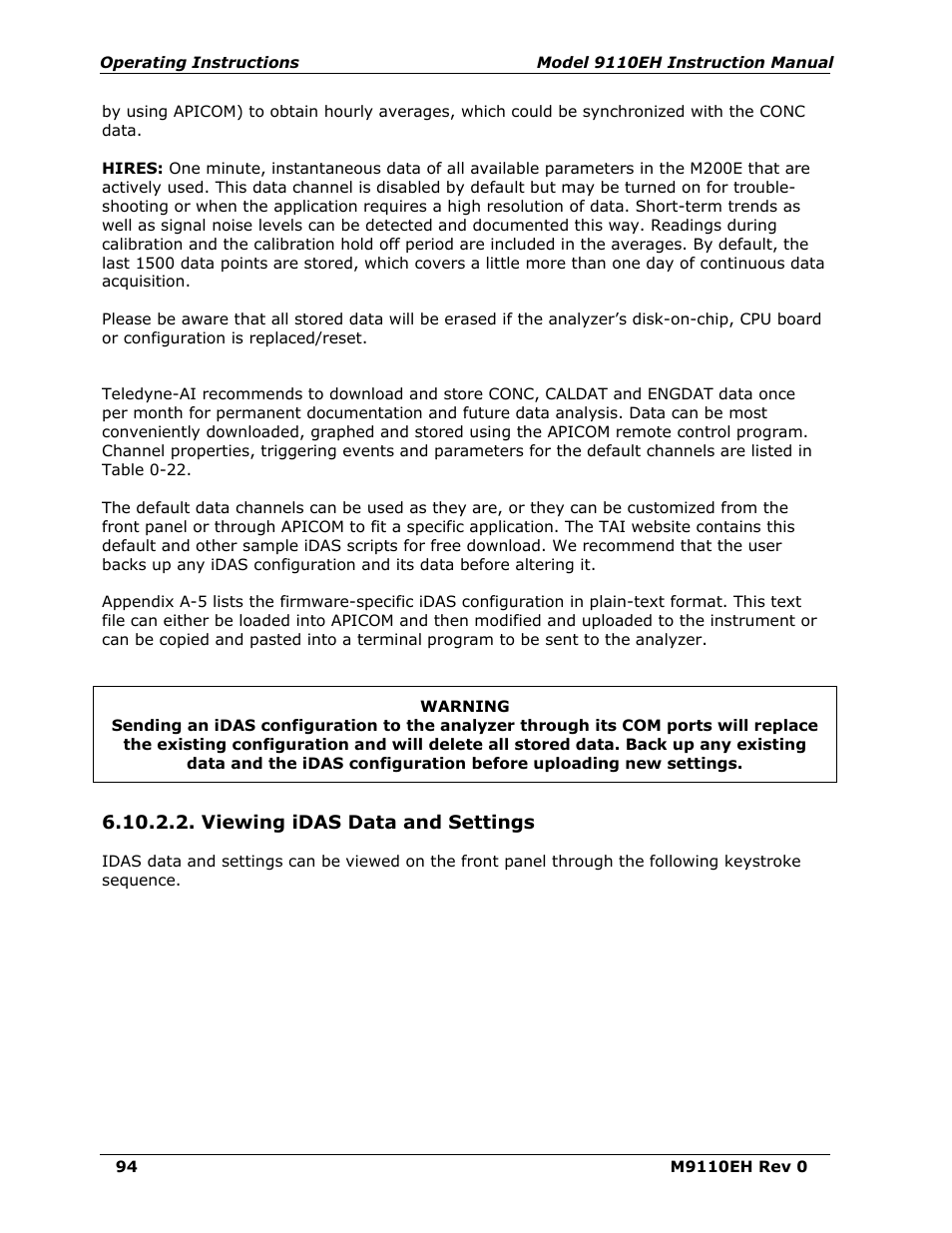 Viewing idas data and settings | Teledyne 9110EH - Nitrogen Oxides Analyzer User Manual | Page 108 / 279