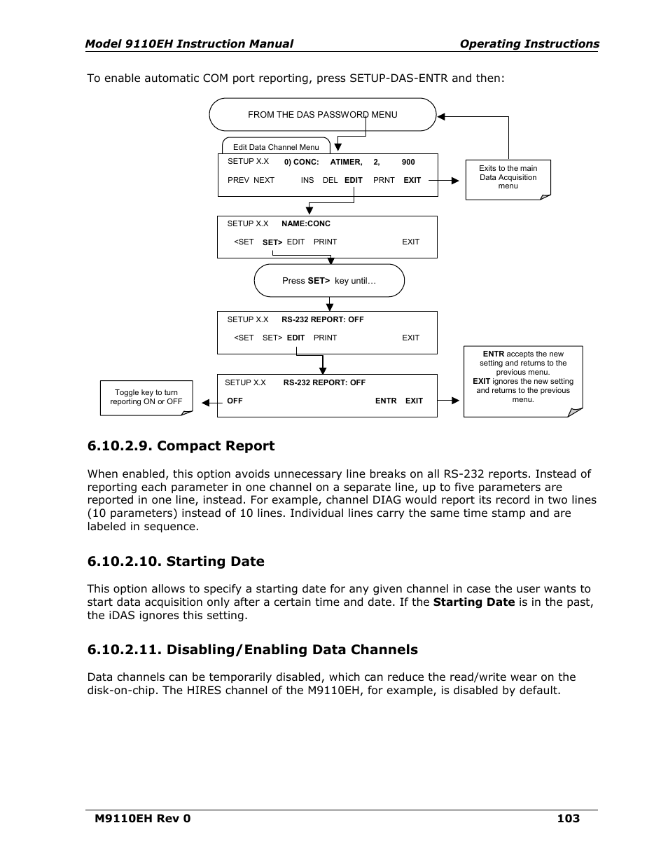 Compact report, Starting date, Disabling/enabling data channels | Teledyne 9110EH - Nitrogen Oxides Analyzer User Manual | Page 117 / 279