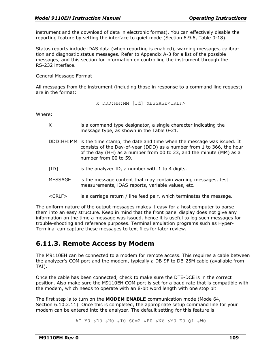 Remote access by modem | Teledyne 9110EH - Nitrogen Oxides Analyzer User Manual | Page 123 / 279