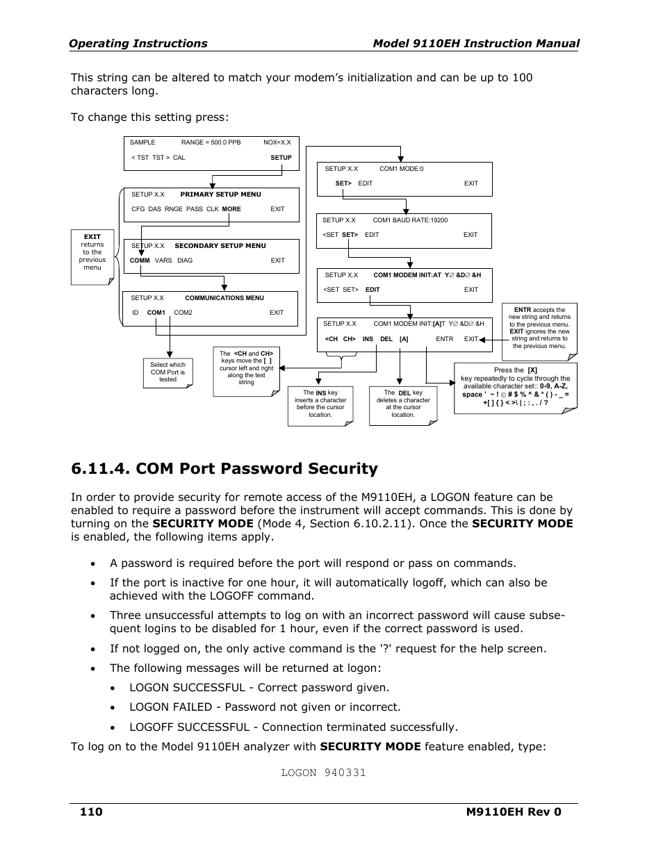 Com port password security | Teledyne 9110EH - Nitrogen Oxides Analyzer User Manual | Page 124 / 279