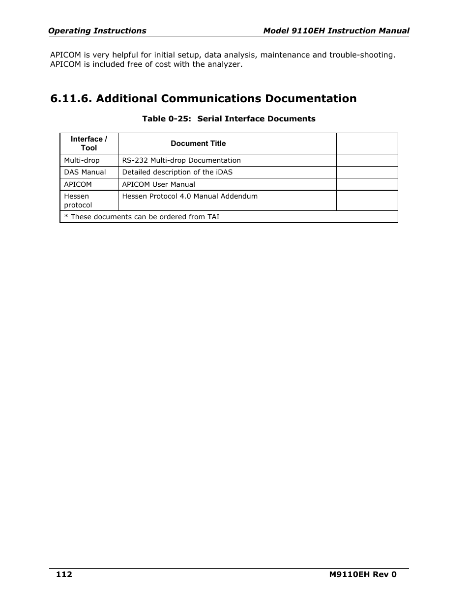 Additional communications documentation, Table 6-25, Serial interface documents | Teledyne 9110EH - Nitrogen Oxides Analyzer User Manual | Page 126 / 279