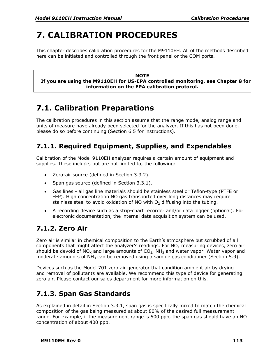 Calibration procedures, Calibration preparations, Required equipment, supplies, and expendables | Zero air, Span gas standards, R 7 det, Chapter 7) | Teledyne 9110EH - Nitrogen Oxides Analyzer User Manual | Page 127 / 279