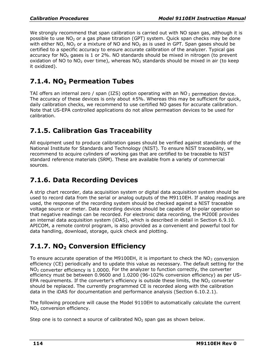 No2 permeation tubes, Calibration gas traceability, Data recording devices | No2 conversion efficiency, Permeation tubes, Conversion efficiency | Teledyne 9110EH - Nitrogen Oxides Analyzer User Manual | Page 128 / 279