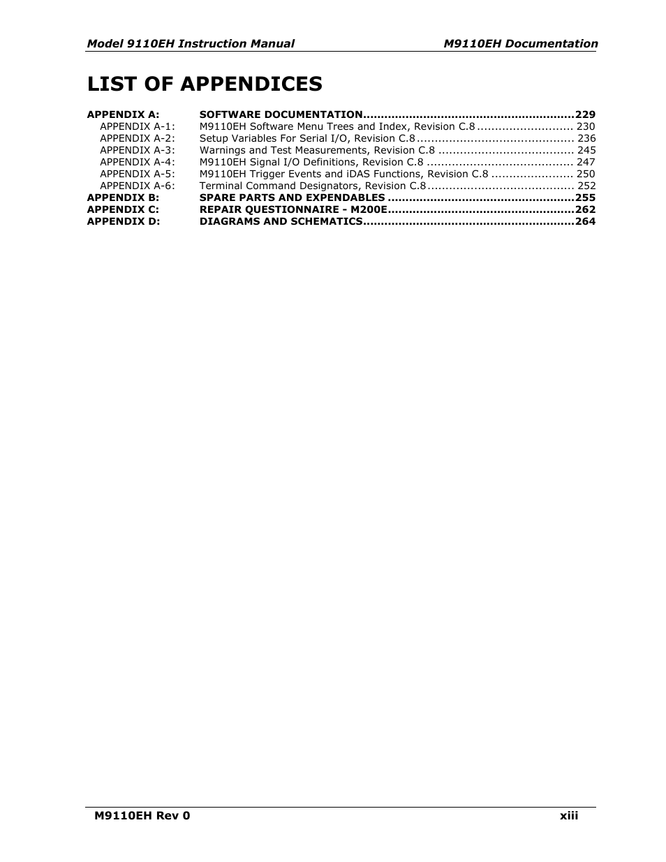 List of appendices | Teledyne 9110EH - Nitrogen Oxides Analyzer User Manual | Page 13 / 279