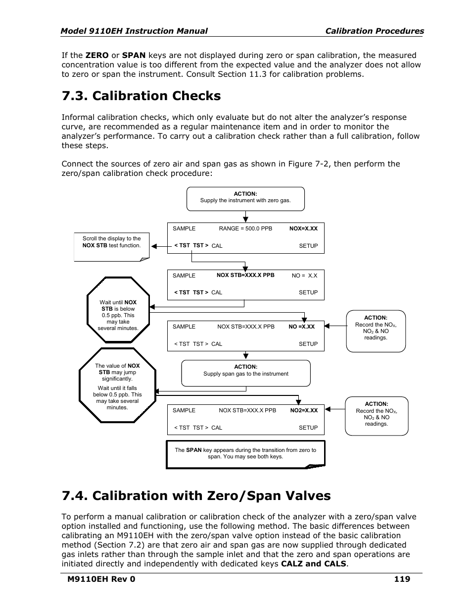 Calibration checks, Calibration with zero/span valves | Teledyne 9110EH - Nitrogen Oxides Analyzer User Manual | Page 133 / 279