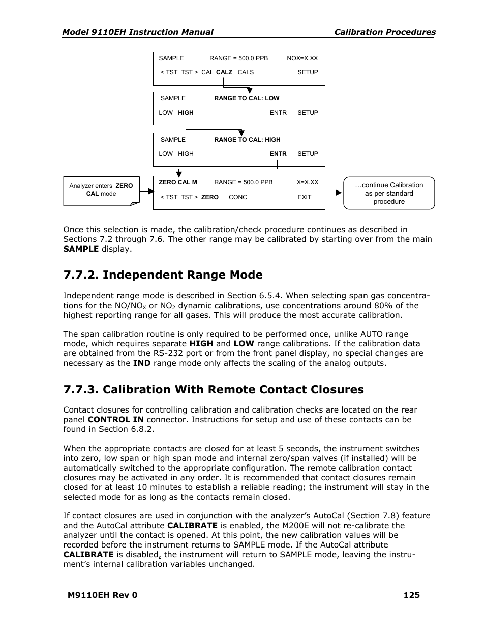 Independent range mode, Calibration with remote contact closures | Teledyne 9110EH - Nitrogen Oxides Analyzer User Manual | Page 139 / 279