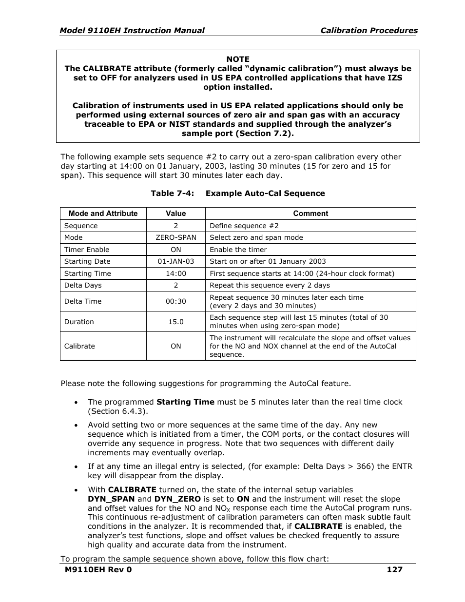 Table 7-4, Example auto-cal sequence | Teledyne 9110EH - Nitrogen Oxides Analyzer User Manual | Page 141 / 279