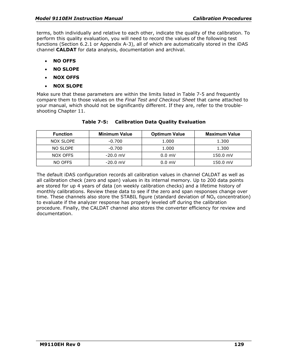 Table 7-5, Calibration data quality evaluation | Teledyne 9110EH - Nitrogen Oxides Analyzer User Manual | Page 143 / 279