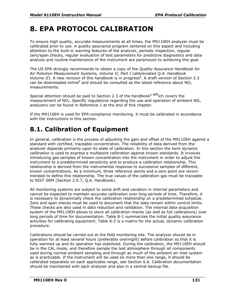 Epa protocol calibration, Calibration of equipment, Chapter 8 | Teledyne 9110EH - Nitrogen Oxides Analyzer User Manual | Page 145 / 279