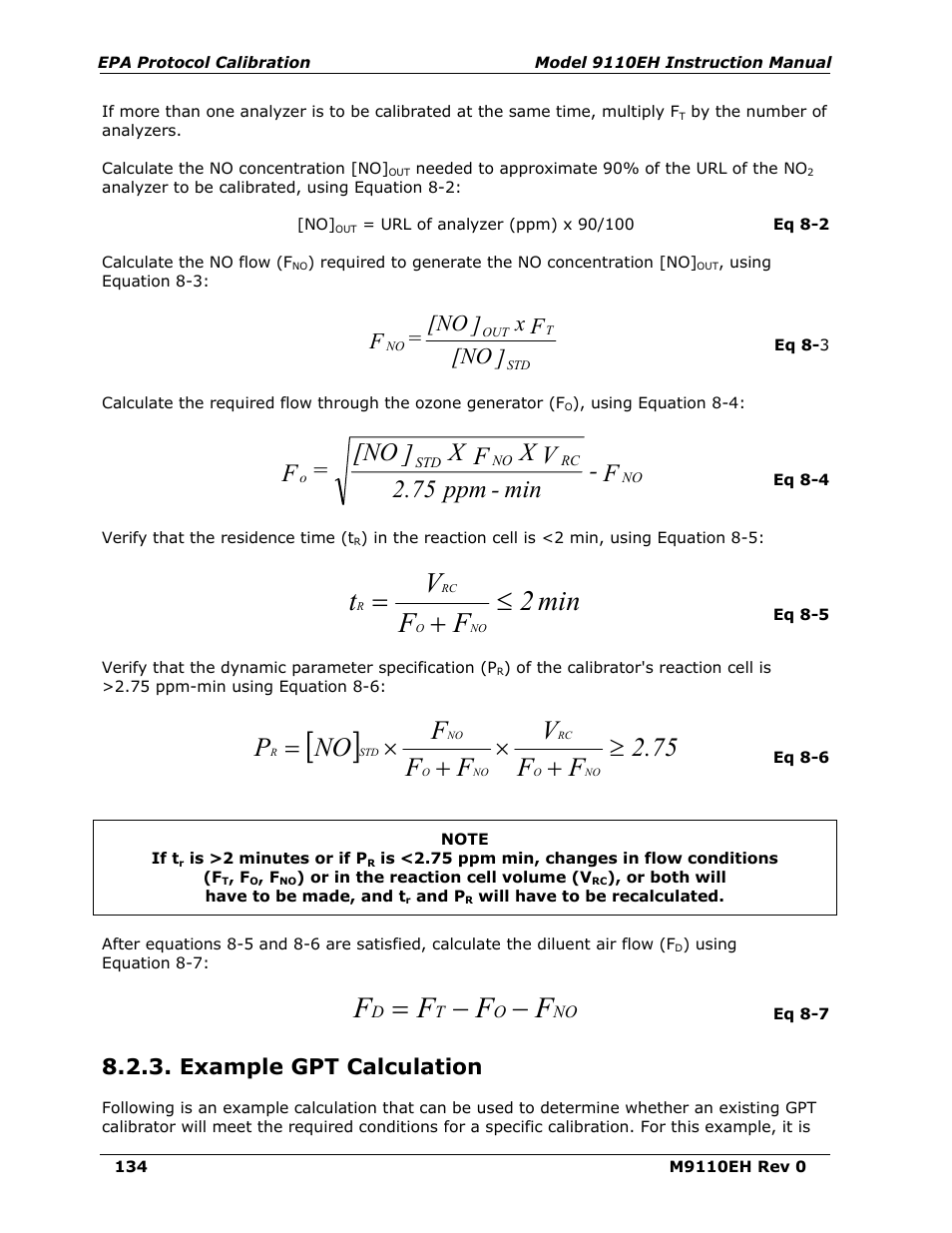 Example gpt calculation, Min 2 f f v t, Ч + ч | No f x ] [no = f | Teledyne 9110EH - Nitrogen Oxides Analyzer User Manual | Page 148 / 279