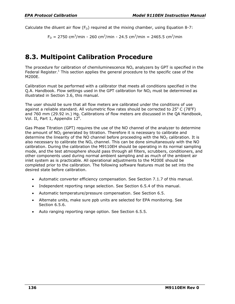 Multipoint calibration procedure | Teledyne 9110EH - Nitrogen Oxides Analyzer User Manual | Page 150 / 279