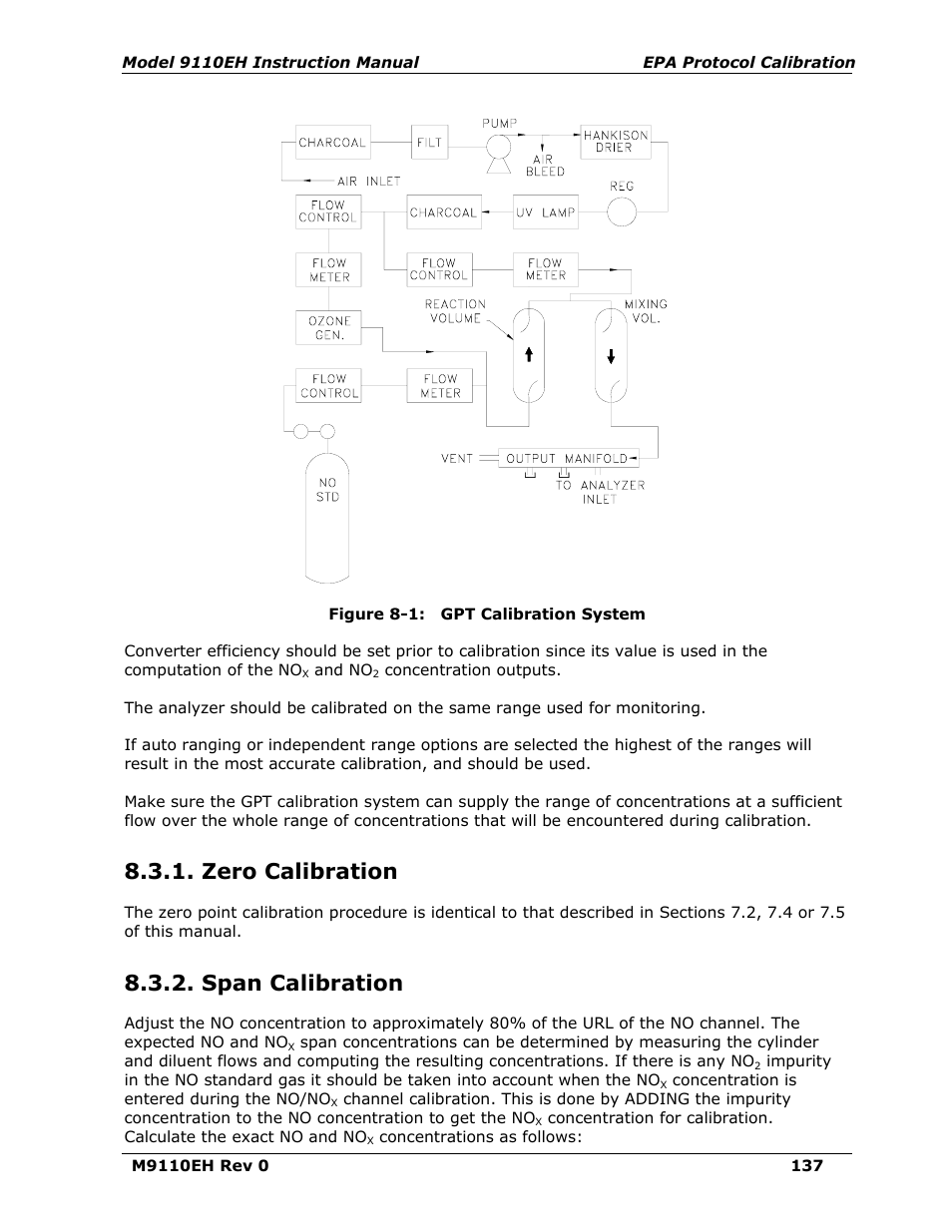 Zero calibration, Span calibration, Figure 8-1 | Gpt calibration system | Teledyne 9110EH - Nitrogen Oxides Analyzer User Manual | Page 151 / 279