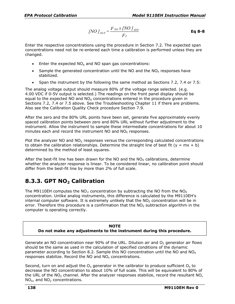 Gpt no2 calibration, Gpt no, Calibration | F ] [no x f = ] [no | Teledyne 9110EH - Nitrogen Oxides Analyzer User Manual | Page 152 / 279