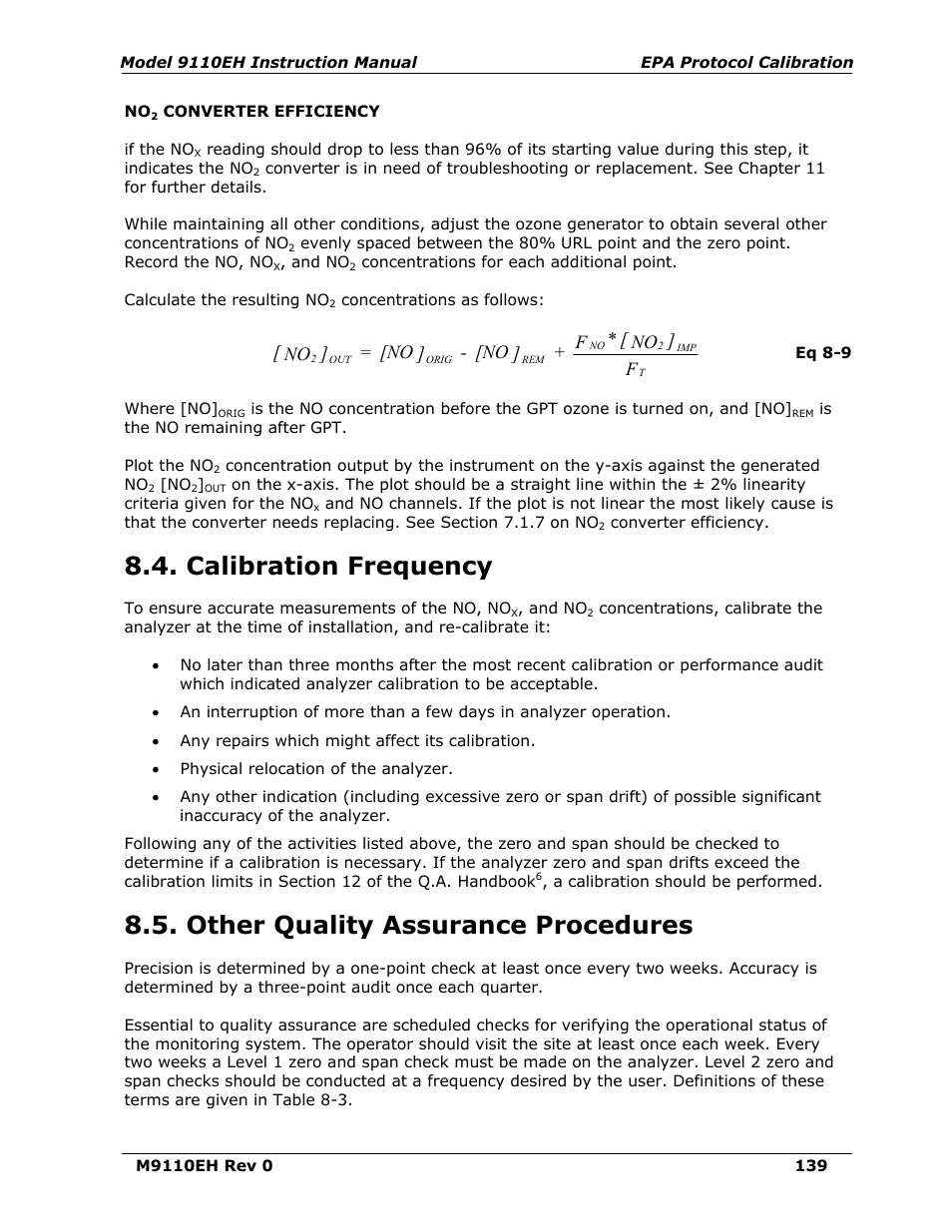 Calibration frequency, Other quality assurance procedures | Teledyne 9110EH - Nitrogen Oxides Analyzer User Manual | Page 153 / 279