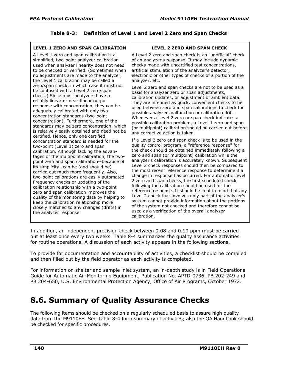 Summary of quality assurance checks, Table 8-3 | Teledyne 9110EH - Nitrogen Oxides Analyzer User Manual | Page 154 / 279