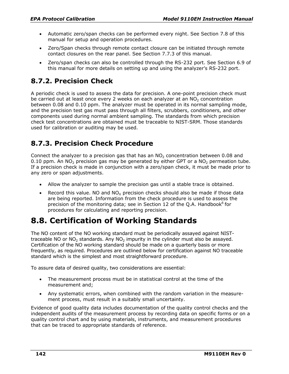 Precision check, Precision check procedure, Certification of working standards | Teledyne 9110EH - Nitrogen Oxides Analyzer User Manual | Page 156 / 279