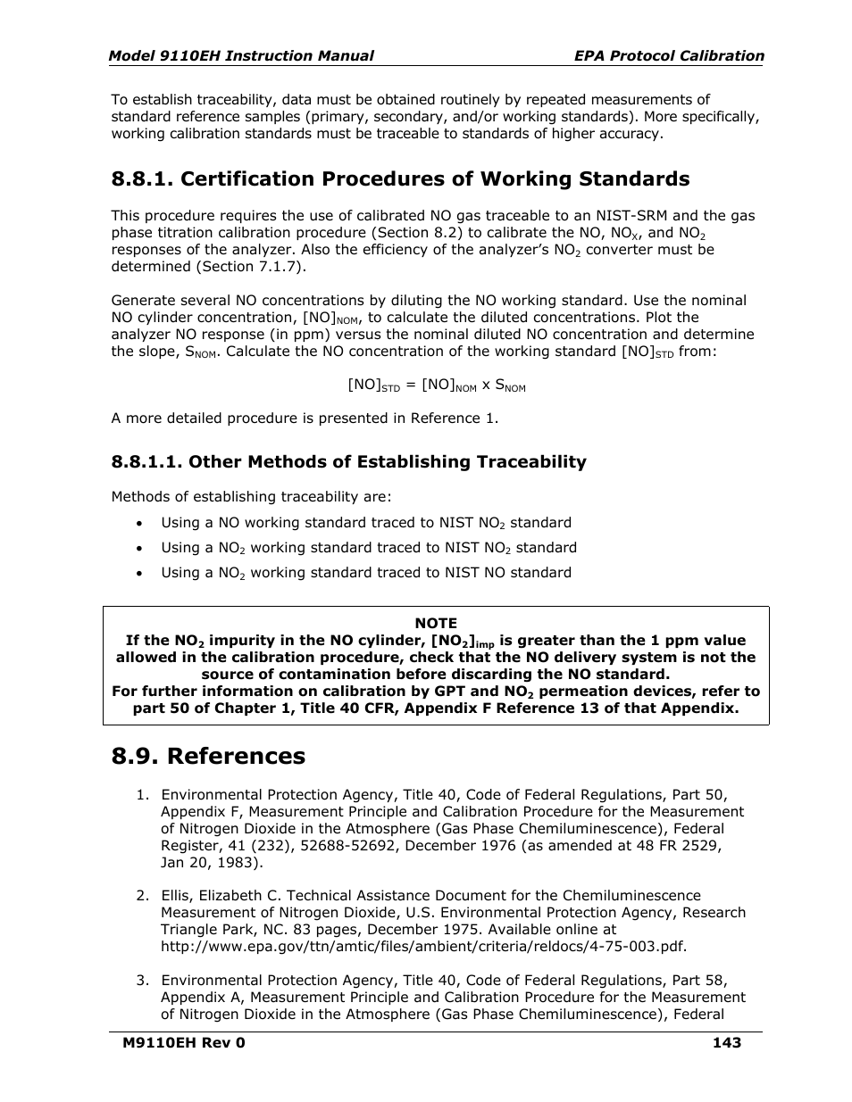 Certification procedures of working standards, Other methods of establishing traceability, References | Teledyne 9110EH - Nitrogen Oxides Analyzer User Manual | Page 157 / 279