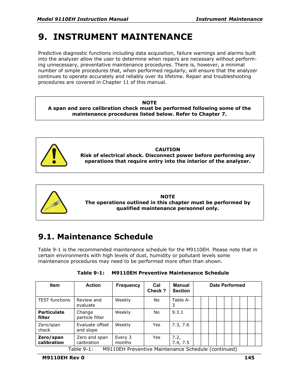 Instrument maintenance, Maintenance schedule, Table 9-1 | M9110eh preventive maintenance schedule | Teledyne 9110EH - Nitrogen Oxides Analyzer User Manual | Page 159 / 279