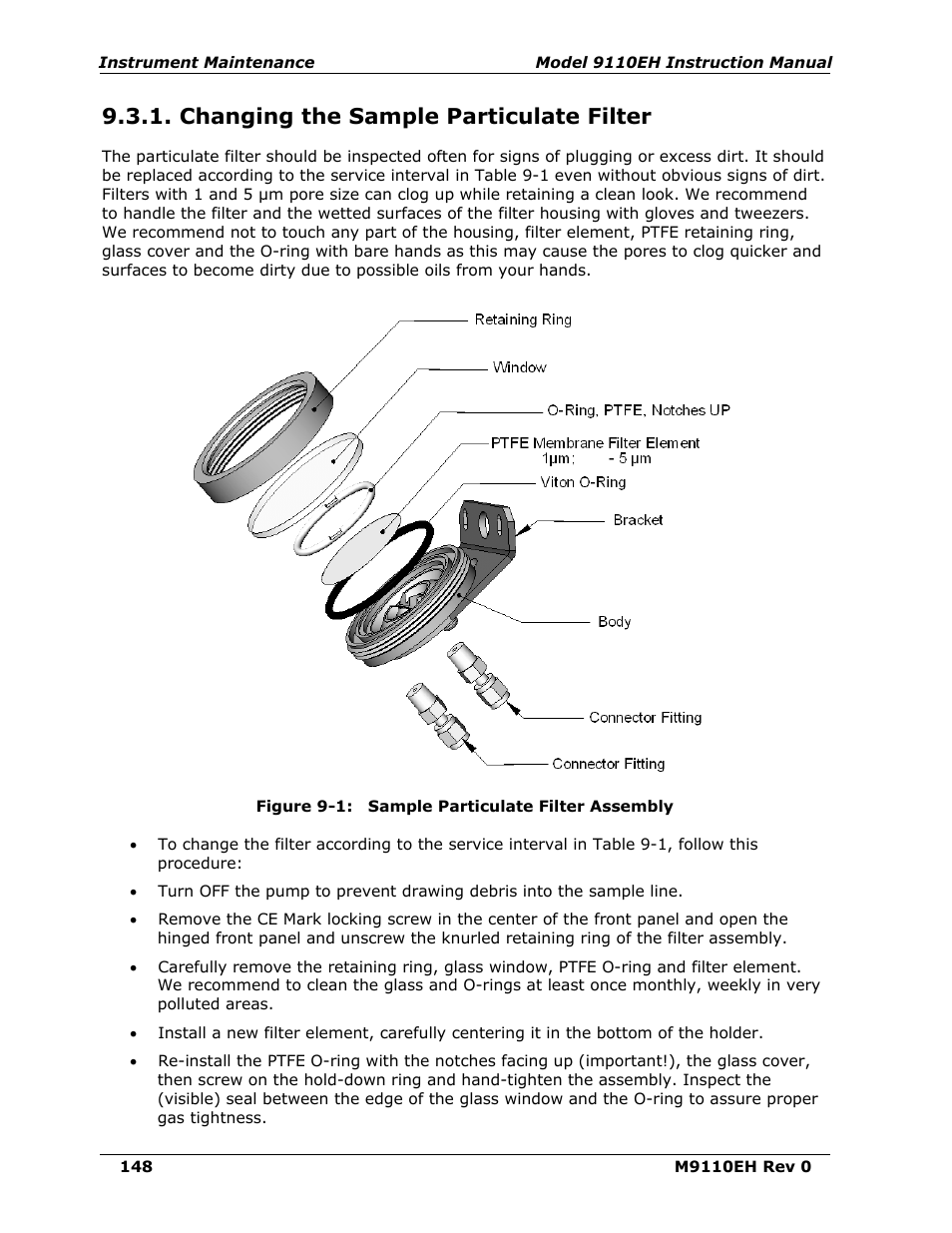 Changing the sample particulate filter, Figure 9-1, Sample particulate filter assembly | Teledyne 9110EH - Nitrogen Oxides Analyzer User Manual | Page 162 / 279