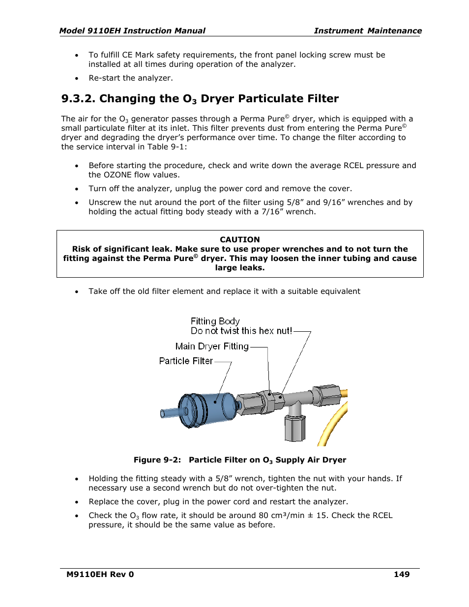 Changing the o3 dryer particulate filter, Changing the o, Dryer particulate filter | Figure 9-2, Particle filter on o, Supply air dryer | Teledyne 9110EH - Nitrogen Oxides Analyzer User Manual | Page 163 / 279