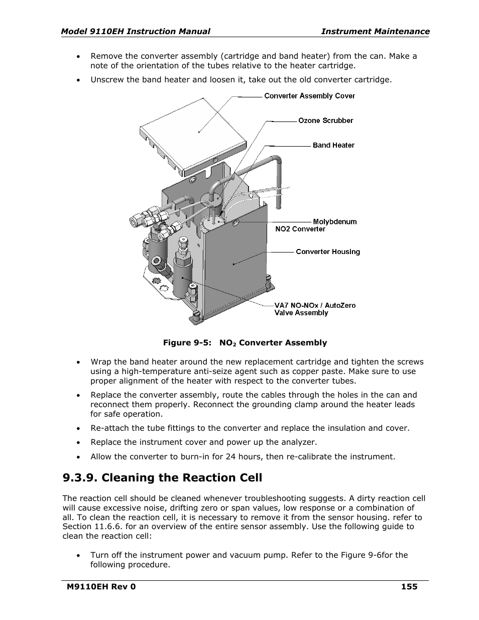 Cleaning the reaction cell, Figure 9-5, Converter assembly | Action cell as described in section 9.3.9 | Teledyne 9110EH - Nitrogen Oxides Analyzer User Manual | Page 169 / 279