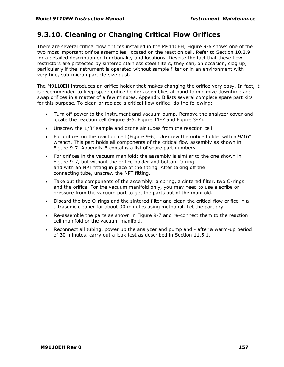 Cleaning or changing critical flow orifices, 10 on | Teledyne 9110EH - Nitrogen Oxides Analyzer User Manual | Page 171 / 279