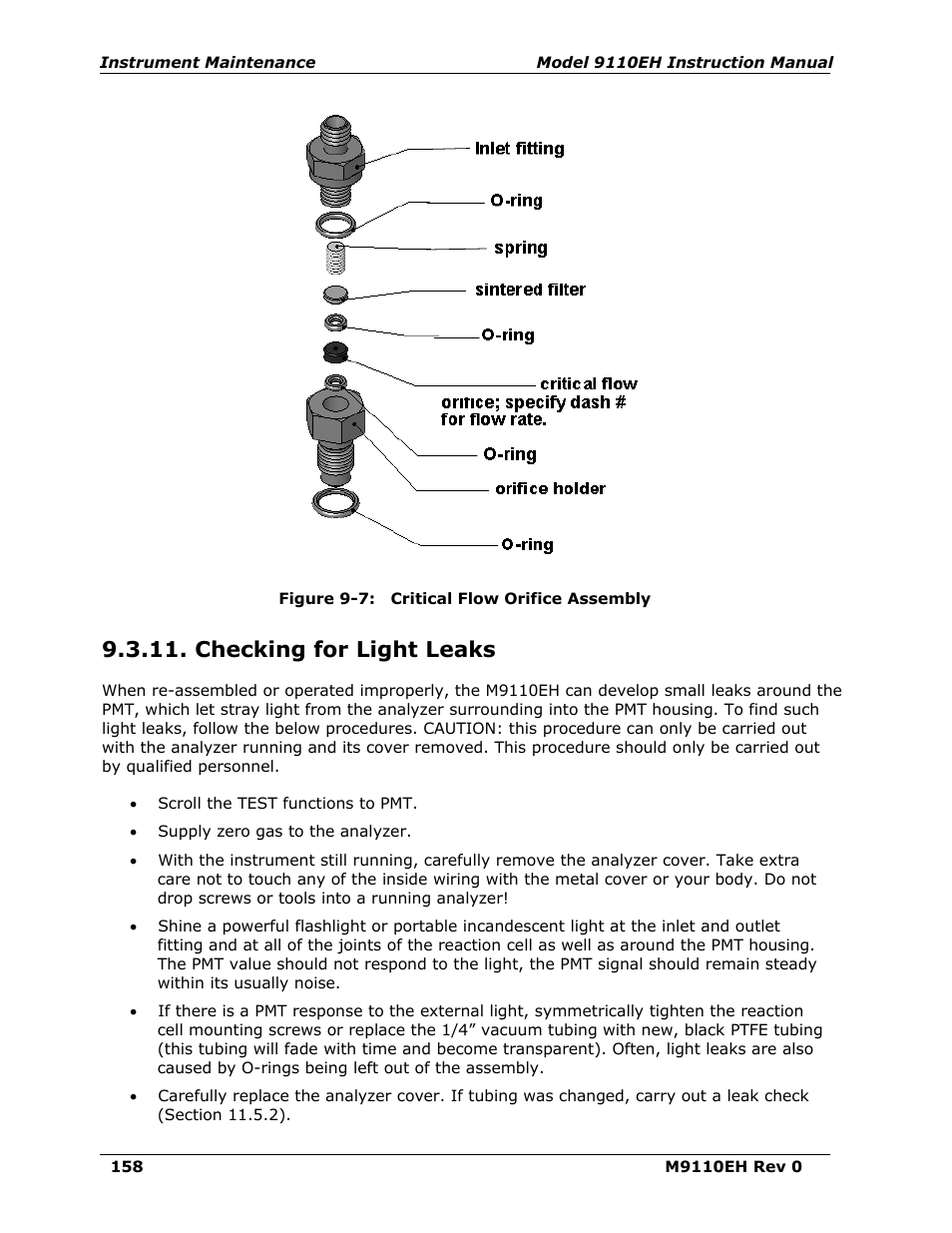 Checking for light leaks, Figure 9-7, Critical flow orifice assembly | Figure 9-7, but with | Teledyne 9110EH - Nitrogen Oxides Analyzer User Manual | Page 172 / 279