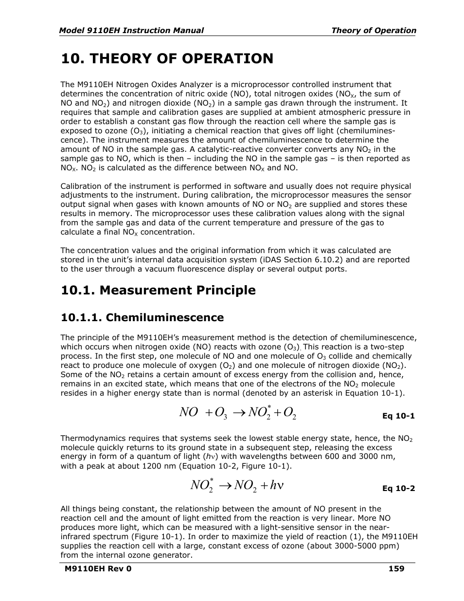 Theory of operation, Measurement principle, Chemiluminescence | 10 before proceeding. fo, Ono o no, Νh no no | Teledyne 9110EH - Nitrogen Oxides Analyzer User Manual | Page 173 / 279