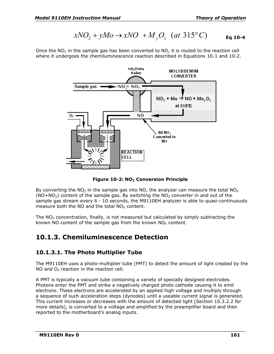 Chemiluminescence detection, The photo multiplier tube, Figure 10-2 | Conversion principle, Cat o m xno ymo xno | Teledyne 9110EH - Nitrogen Oxides Analyzer User Manual | Page 175 / 279