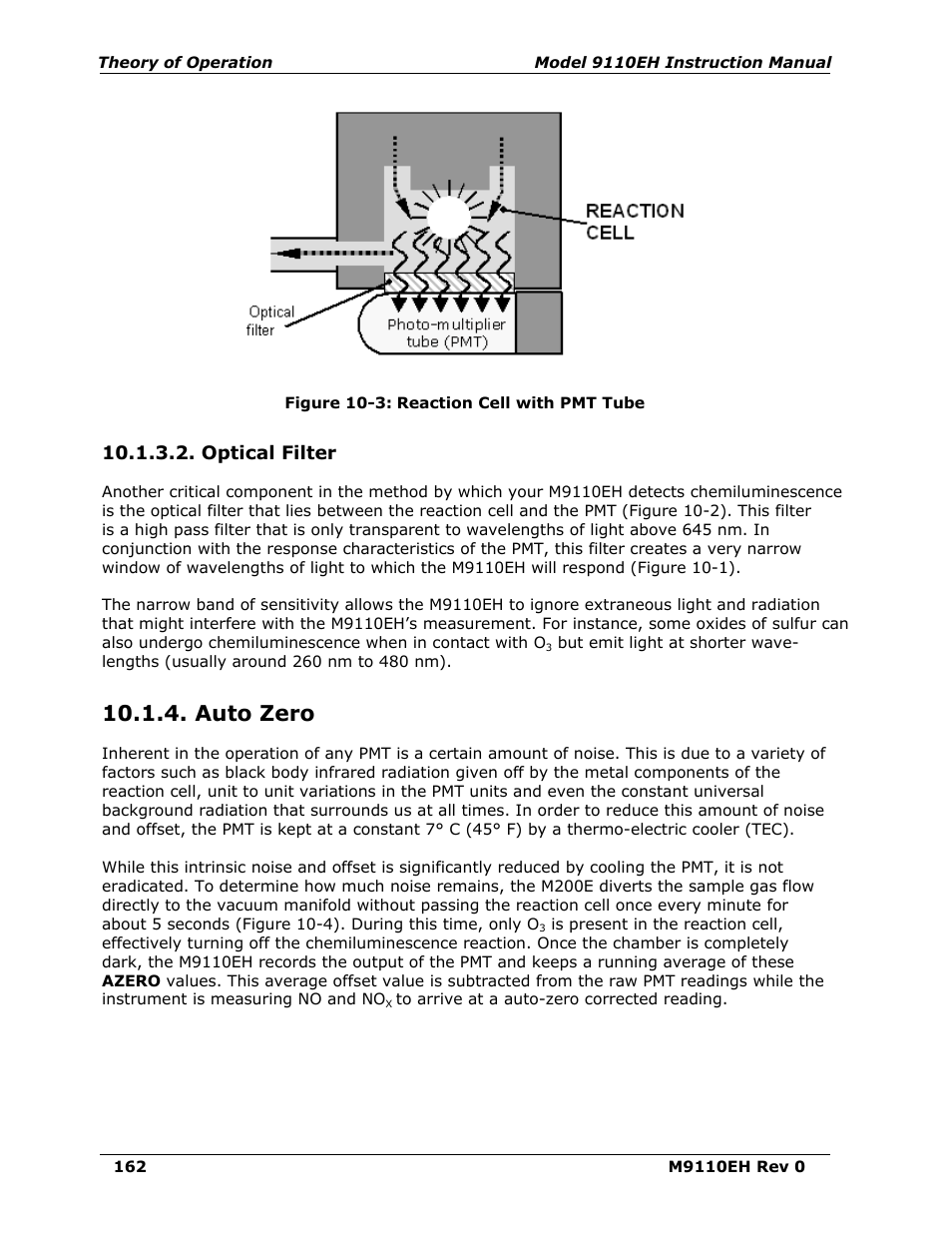 Optical filter, Auto zero, Figure 10-3 | Reaction cell with pmt tube | Teledyne 9110EH - Nitrogen Oxides Analyzer User Manual | Page 176 / 279