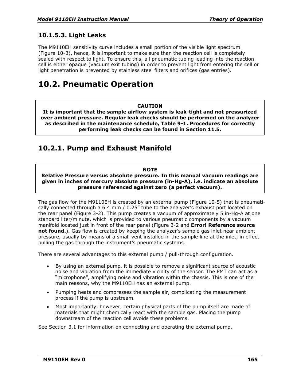 Light leaks, Pneumatic operation, Pump and exhaust manifold | Teledyne 9110EH - Nitrogen Oxides Analyzer User Manual | Page 179 / 279