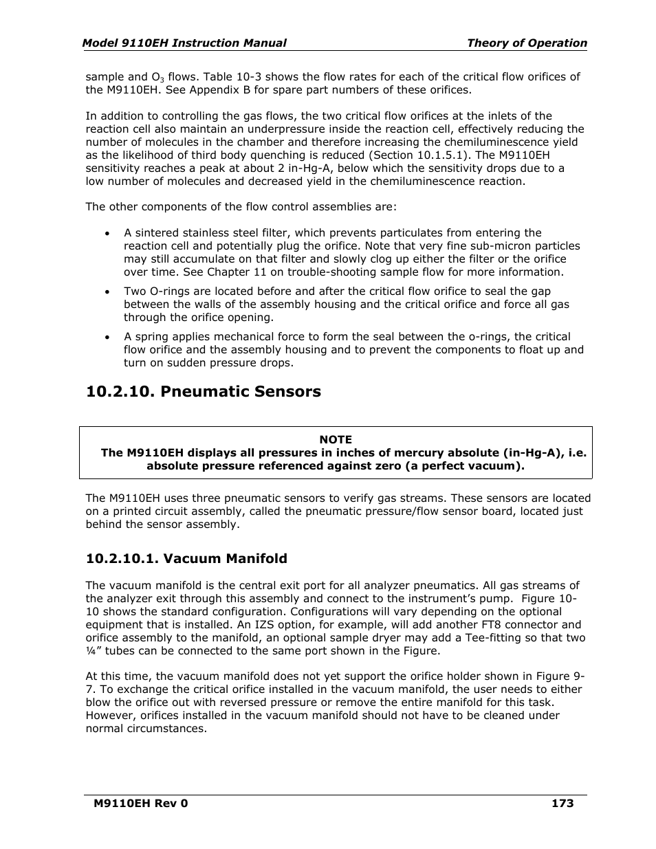 Pneumatic sensors, Vacuum manifold | Teledyne 9110EH - Nitrogen Oxides Analyzer User Manual | Page 187 / 279