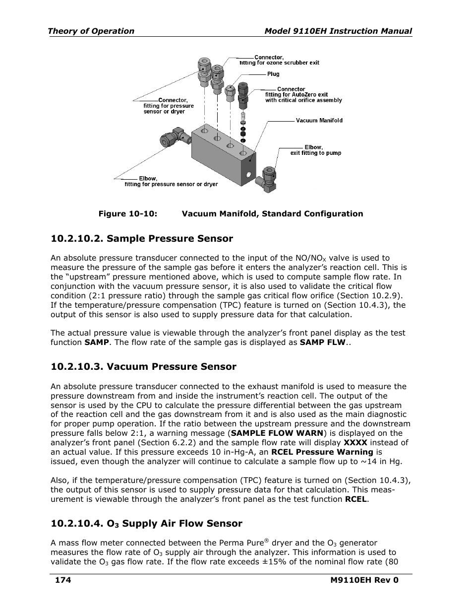 Sample pressure sensor, Vacuum pressure sensor, O3 supply air flow sensor | Supply air flow sensor, Figure 10-10, Vacuum manifold, Zero exit (figure 10-10), Led (figure 10-10), Figure 10 | Teledyne 9110EH - Nitrogen Oxides Analyzer User Manual | Page 188 / 279