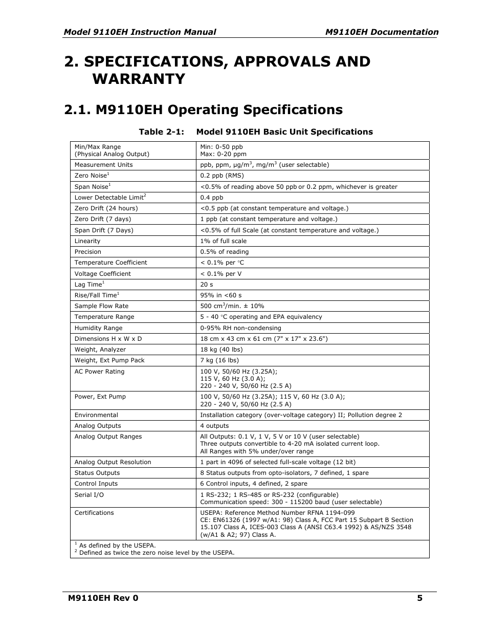 Specifications, approvals and warranty, M200e operating specifications, M9110eh operating specifications | Table 2-1, Model 9110eh basic unit specifications | Teledyne 9110EH - Nitrogen Oxides Analyzer User Manual | Page 19 / 279