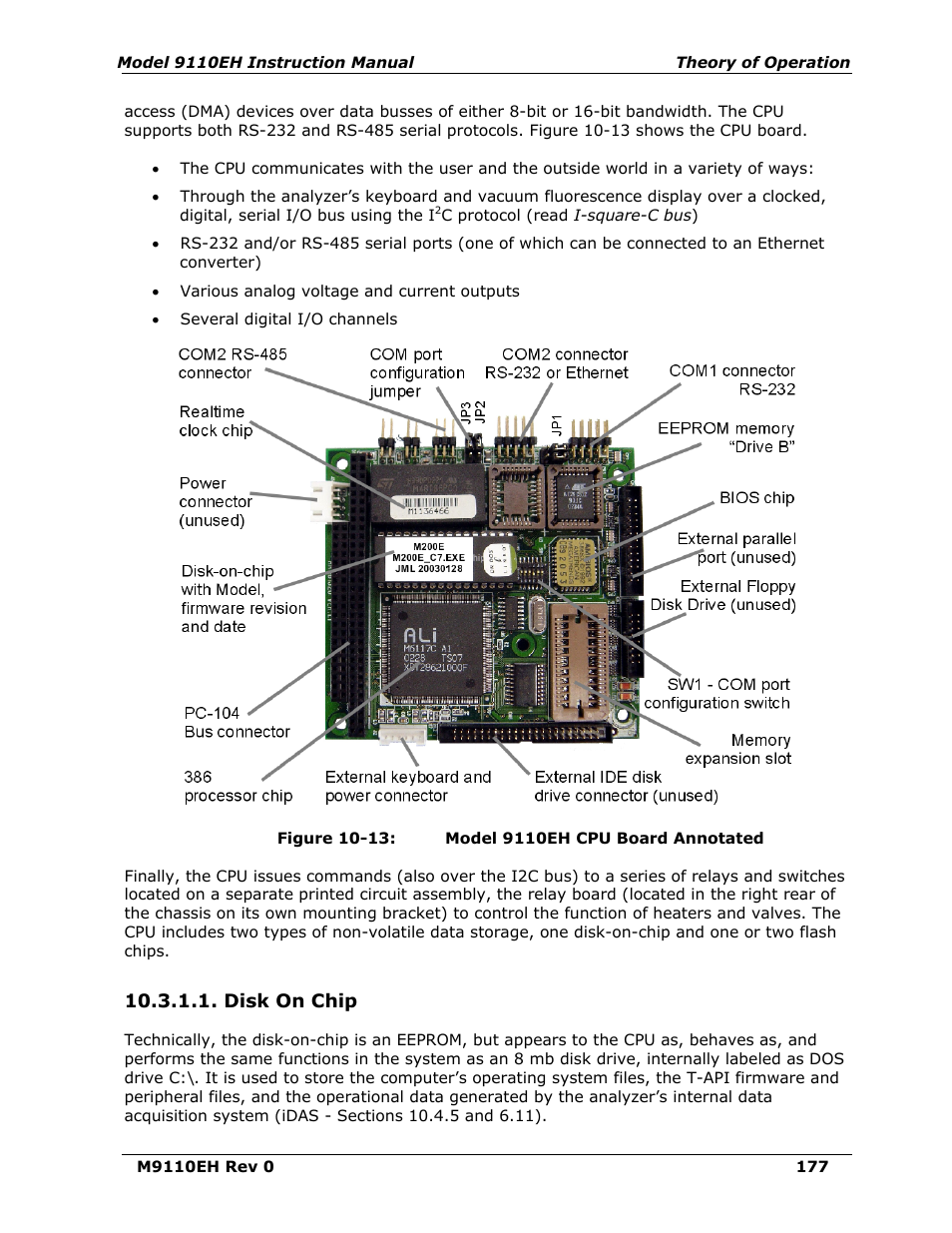 Disk on chip, Figure 10-13, M9110eh cpu board annotated | Teledyne 9110EH - Nitrogen Oxides Analyzer User Manual | Page 191 / 279