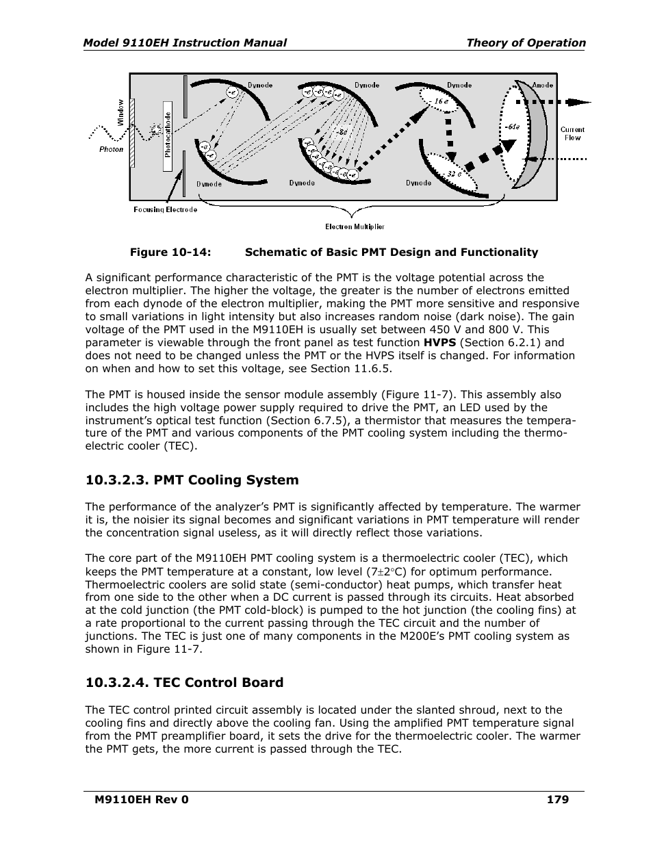 Pmt cooling system, Tec control board, Figure 10-14 | Schematic of basic pmt design and functionality, Y (figure 10-14), Figure 10-14) | Teledyne 9110EH - Nitrogen Oxides Analyzer User Manual | Page 193 / 279