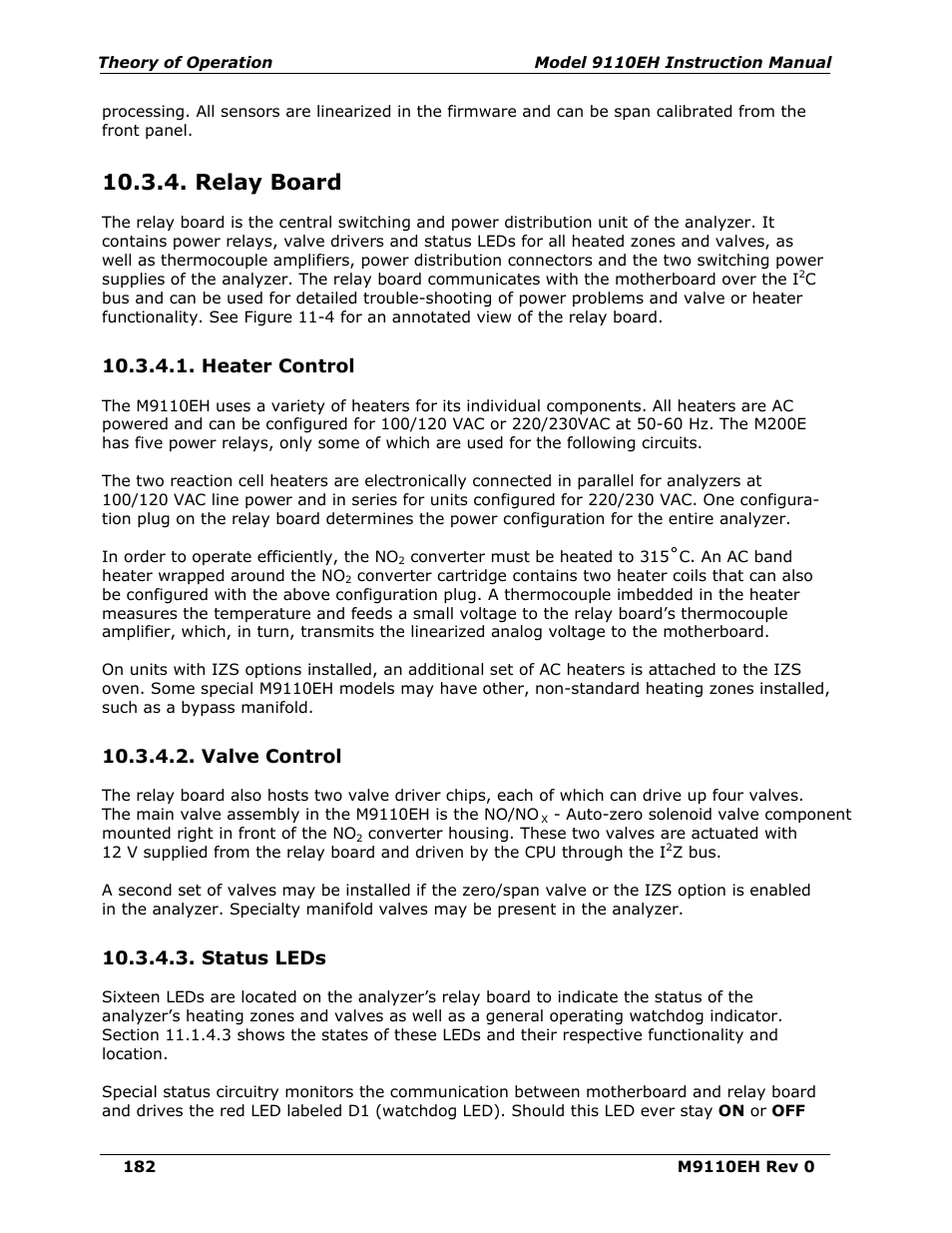 Relay board, Heater control, Valve control | Status leds, The relay board (section 10.3.4) | Teledyne 9110EH - Nitrogen Oxides Analyzer User Manual | Page 196 / 279