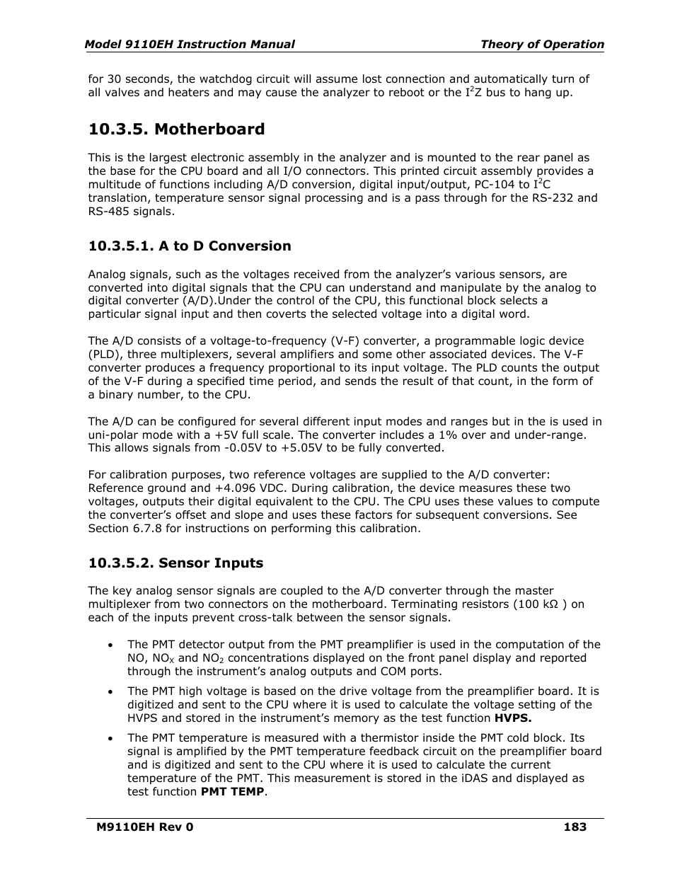 Motherboard, A to d conversion, Sensor inputs | Teledyne 9110EH - Nitrogen Oxides Analyzer User Manual | Page 197 / 279