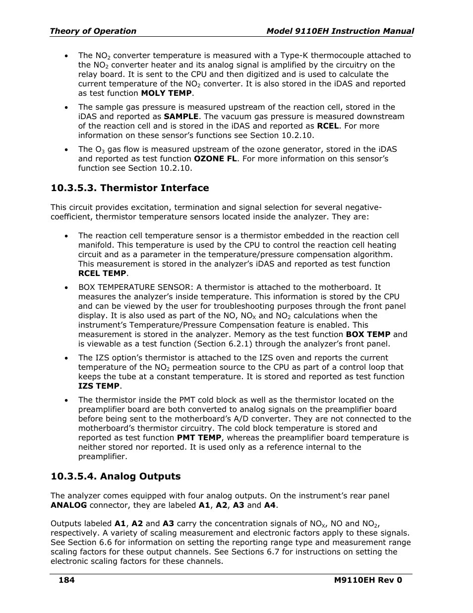 Thermistor interface, Analog outputs | Teledyne 9110EH - Nitrogen Oxides Analyzer User Manual | Page 198 / 279